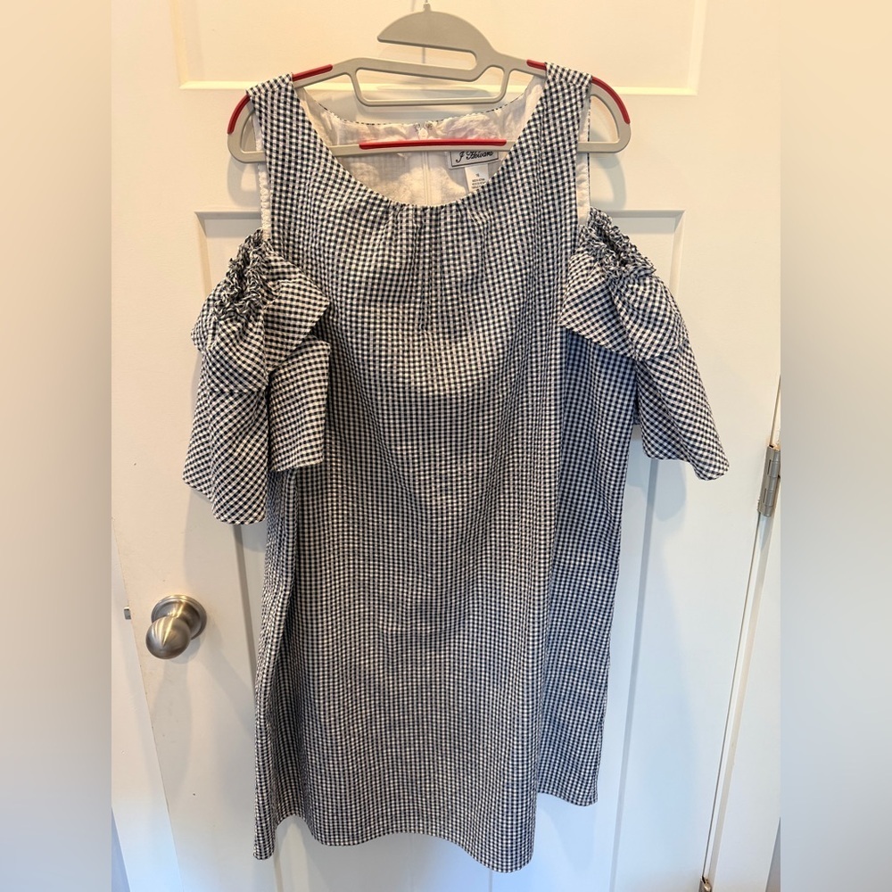 J. Howard Navy White Gingham Cold Shoulder Dress Size 16 Bow Sleeves